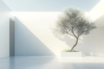 A serene, minimalist white room is illuminated by soft light