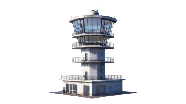 Modern air traffic control tower design with sleek architecture transparent background