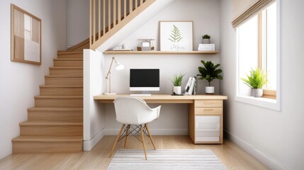A small home office setup under the stairs, with a compact desk, chair, and shelves, making use of limited space efficiently
