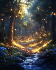 Fleecedeken met foto Enchanted forest stream with glowing fireflies and flowers. © kang