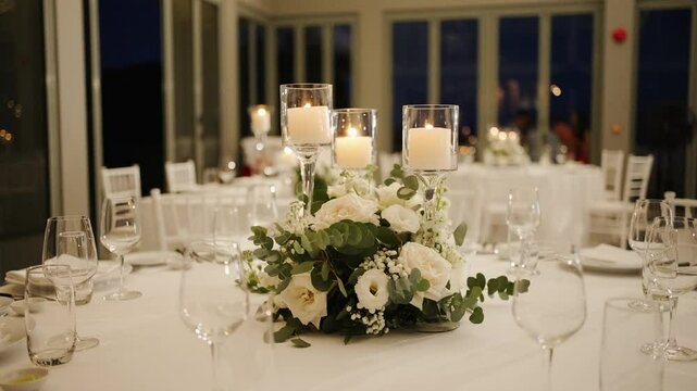 Decoration dinner set up in Thailand and tropical wedding set upWedding decor table set up candle catering dinner dish luxury event. Close up Festive fine setting white table row chair flower