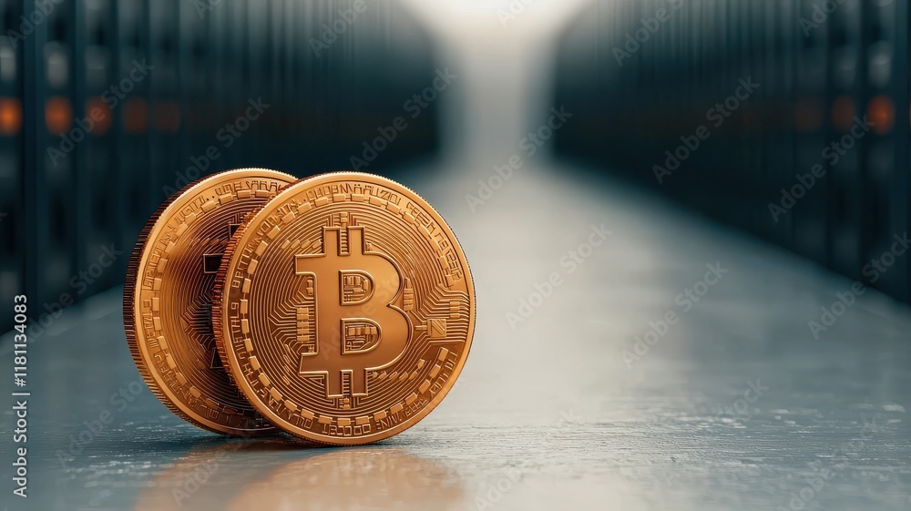 Poster bitcoin coins in a digital mining environment.