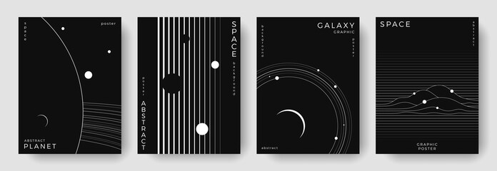 Set of abstract space astronomy backgrounds. Line art planet, galaxy, solar system, universe. Science future concept. Cosmic minimalist design for cover, poster, layout, banner, flyer, brochure