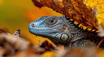 Fototapeta premium Blue iguana hiding amidst autumn leaves. Nature wildlife photography for websites.