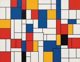 Abstract Geometric Composition: Vibrant Squares and Rectangles in Red, Yellow, Blue, and Black