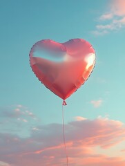 Fototapeta premium Floating Heart Shaped Helium Balloon Against Soft Sky with Clouds
