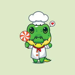 chef crocodile mascot cartoon character holding candy