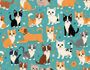 Adorable Cartoon Cats and Dog Seamless Pattern: Cute Pet Illustration for Kids Fabric, Wallpaper, and Textile Design