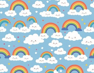 Adorable Cartoon Rainbows and Smiling Clouds Seamless Pattern