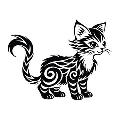 Tribal cat tattoo vector, isolated, swirl black animal silhouette cut file.