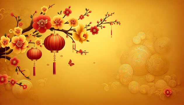 Chinese new year A warm yellow Chinese New Year background with large, subtle spiral motifs At the top left corner, a2