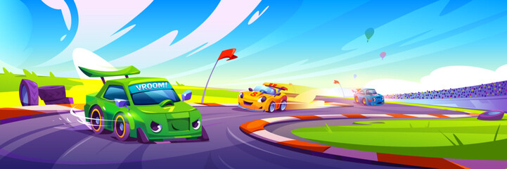 Race cars at speed competition. Vector cartoon illustration of cute color rally vehicles with emotions on face driving curvy road, competing to win race, audience watching sport cars moving fast