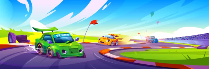 Gardinen Race cars at speed competition. Vector cartoon illustration of cute color rally vehicles with emotions on face driving curvy road, competing to win race, audience watching sport cars moving fast © klyaksun