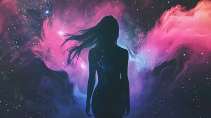 Silhouette of a Person Standing Against a Vibrant Cosmic Background with Pink, Purple, and Blue Nebulae, Scattered Stars Create an Ethereal Atmosphere