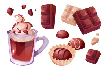 Chocolate bar and hot cocoa set with creamy drink, candy pieces and assorted truffles. Sweet collection with dark and white squares and crumble, whipped topping, decorative confections in paper cups.