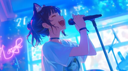 Fototapeta premium Cute anime girl singing karaoke in a lively and cheerful environment