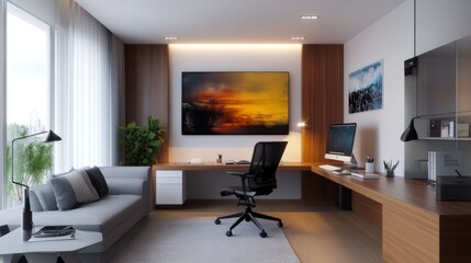 A stylish home office with a sleek desk, modern lighting, and contemporary artwork, blending design with productivity