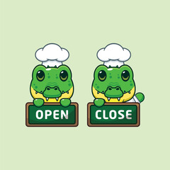 chef crocodile mascot cartoon character with open and close board