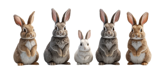 Adorable Rabbits in Various Shades Pose Against isolated on transparent background, cutout, download