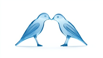 Obraz premium Two blue glass birds gently touching beaks, symbolizing love and connection, set against a clean white background.
