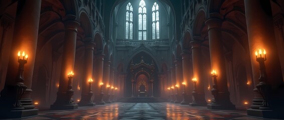 Majestic Gothic castle hall in dark fantasy style with throne, perfect for fantasy decorations