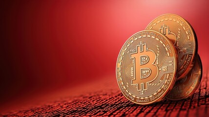 Bitcoin coins on a red background showcasing cryptocurrency value.