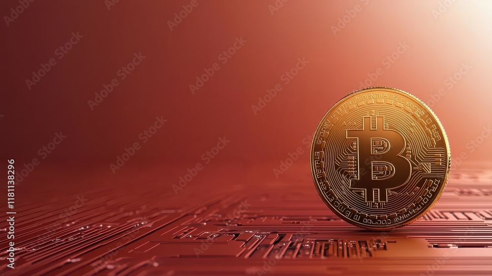 Poster golden bitcoin on a circuit board with a warm background glow.