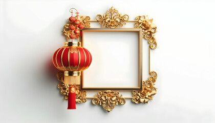 Chinese new year A festive, elegant frame featuring a red Chinese lantern on the right side The golden frame has intr3