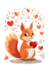 Obraz premium Cute cartoon squirrel holds a red heart among falling leaves and hearts in autumn setting