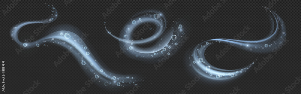 Poster bubble swirl effect collection with transparent wavy trails - luminous curved streams decorated by s