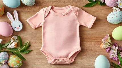 Pastel baby bodysuit display wooden table mockup spring vibes top view