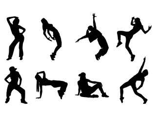 Set of Female Hip Hop Dancer Silhouette in various poses isolated on white background