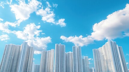 Low angle view of modern white skyscrapers against a vibrant blue sky with fluffy clouds.