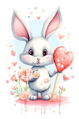 Fototapeta premium Valentine's Day Greeting Card Design: Bunny with Heart Lollipop