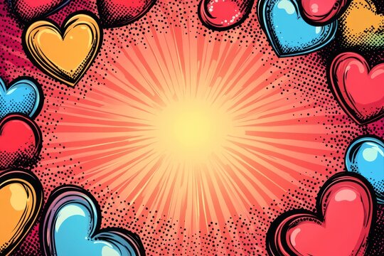 Vibrant Minimalistic Valentine Background Featuring Colorful Hearts and Radiant Burst Ideal for Romantic Celebrations and Creative Projects