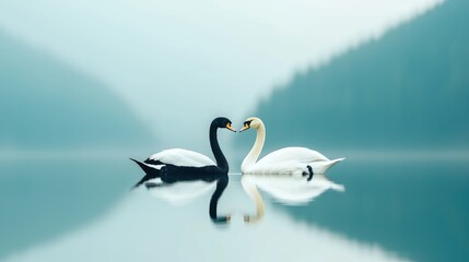 Obraz premium Black and white swans in love mountain lake nature scene serenity