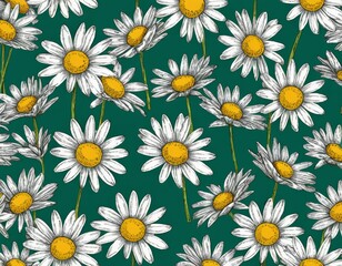 Fototapeta premium Elegant Seamless Pattern of Hand-Drawn Daisies on Dark Green Background