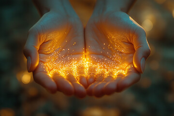 Two hands gently cupping a glowing light, symbolizing gratitude, with warm golden background tones creating a peaceful and thankful atmosphere.