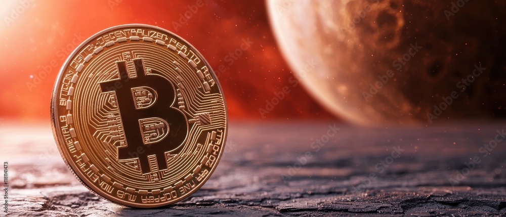 Poster bitcoin coin on a lunar surface with a planet in the background.
