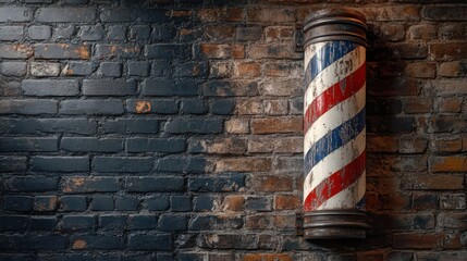 A classic barber pole featuring red, white, and blue stripes stands against a rustic brick wall, symbolizing traditional barber services.