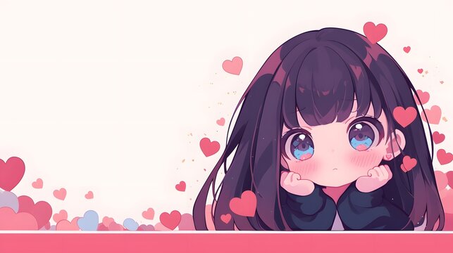 Cute chibi anime girl with a Valentine's Day hearts background