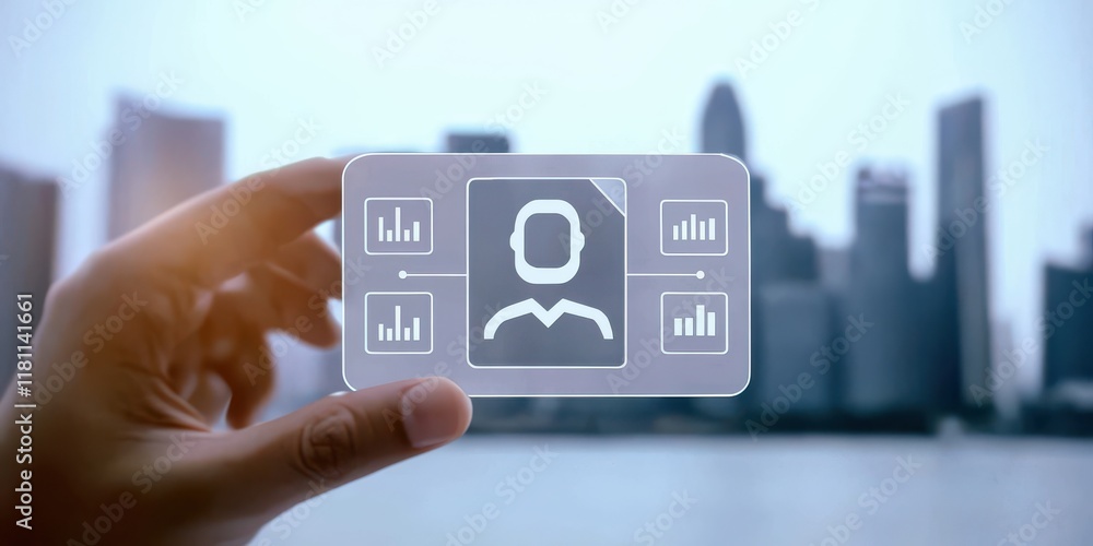 Poster a hand holding a smartphone displaying user data and city skyline.