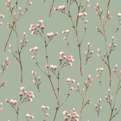 Gypsophila flowers twig watercolor seamless pattern. Beige pink pastel coloured dry small flowers, buds herbs branches for fabric, wallpaper isolated from green background hand painted illustration