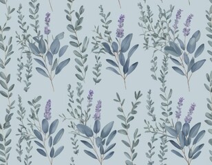 Elegant Watercolor Eucalyptus and Lavender Seamless Pattern: Botanical Floral Design for Textile, Wallpaper, and Packaging