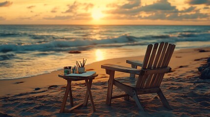 Fototapeta premium A rustic wooden lounge chair on a quiet beach, paired with a small table holding pencils, brushes, and an art journal, the background featuring gentle waves and a setting sun casting golden hues,