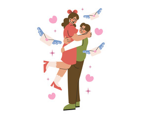 Man Carries His Girlfriend Happily Together. Valentine Concept Illustration