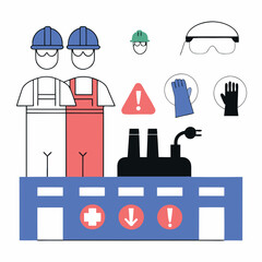 An illustration emphasizing workplace safety with workers wearing protective equipment such as helmets and goggles. Safety symbols like gloves, goggles, and warning signs are prominently featured.