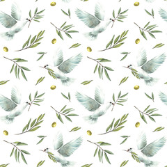 Pigeon with olive tree branch, green leaves and berries. Watercolor seamless pattern. White flying dove bird Hand drawn illustration for wedding, Baptism, religious fabric on isolated white background