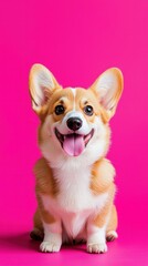 Obraz premium Playful corgi puppy on a table against a vibrant pink backdrop