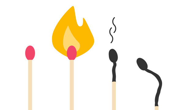 Match stick fire and burned icon vector simple, matchstick flame and burnout smoke minimal modern graphic flat cartoon illustration set image clip art
